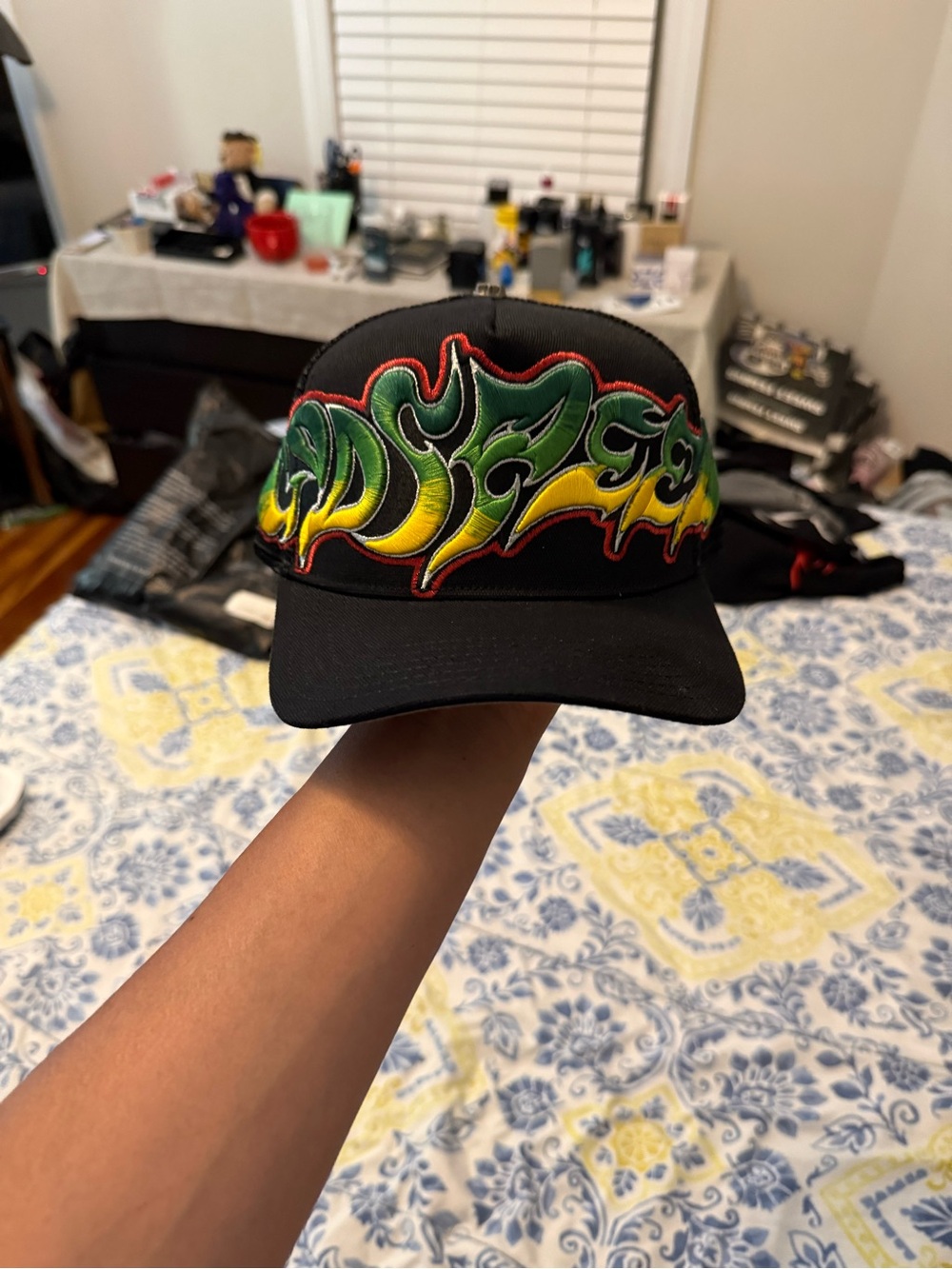Godspeed Black Trucker Cap with Multicolor Flame Embroidery